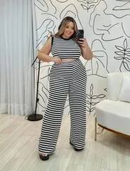 Midi Size Conjunto Calça Panta E Top Curto Listras Plus