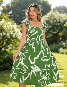 Vestido Feminino Midi Decote Quadrado Moda Evangélica