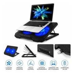 Suporte Base Refrigerada 2 Coolers Ventoinhas Resfriar Notebook Ventilação Silenciosa Ajustável Até 17 Pol Usb Cor Preto Led Azul