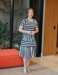 Vestido Malha Franzido Listrado Manga Curta Moda Evangélica