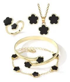 Kit Joias Femininas 5 Peças Trevo Black Premium Ouro Gold