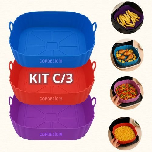 Kit 3 Formas De Silicone Reutilizável Lavável Antiaderente Para Air Fryer Cores Sortidas - Cordelícia