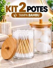 Kit 2 Porta Cotonete Algodão Acrílico Transparente Tampa Bambu Multiuso Higiene Organização Marca Revolux