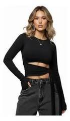 Cropped Manga Longa Feminino Amarração Cintura Moda Gringa