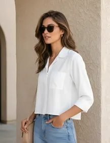 Blusa Camisa Cropped Feminina Botões Maxi Bolso Crepinho