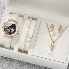 Kit 5 Peças Relógio De Quartzo E Joias Feminina Branco