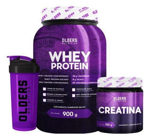 Kit Suplemento Completo Fitness Creatina + Whey + Shaker Creme De Baunilha