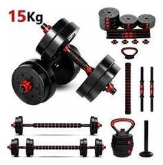 Kit Halteres 6 Em 1 15kg Musculação Barra Anilhas Ajustável