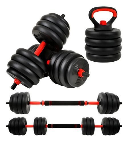 Kit Halteres 6 Em 1 Peso Musculação Até 30kg Ajustável Preto Preto-vermelho