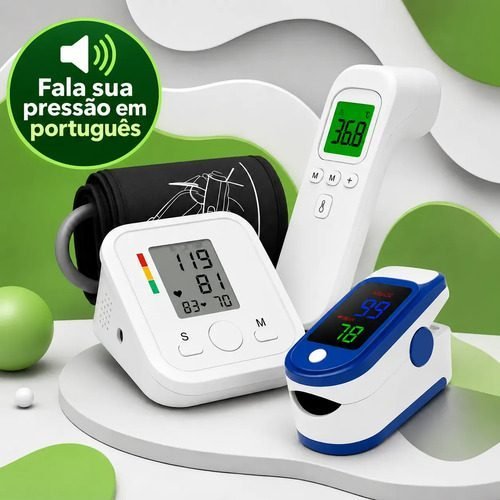 Kit Saúde 3 Em 1 Oxímetro Termômetro Pressão Com Voz