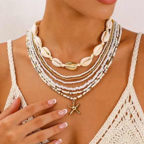 Colar Multicamadas Com Conchas Contas E Pingente Estrela Do Mar Feminino Bege