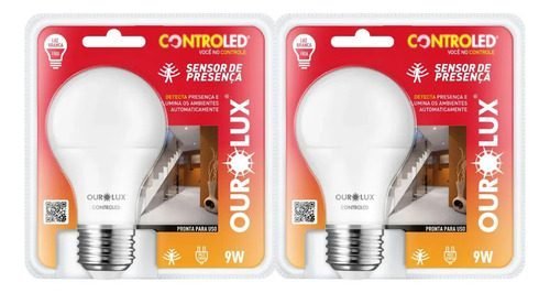 Kit 2 Lâmpadas LED E27 9W Ourolux 6500K Bivolt 760lm Sensor Presença