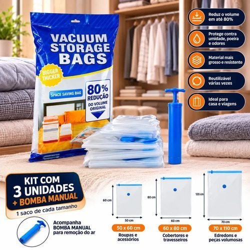 Kit 3 Sacos a Vácuo Organizador de Roupas com Bomba Manual para Cobertor e Viagem
