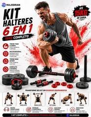 Kit Halteres 6 em 1 - 15KG com 2 peso Kettlebell Peso Academia Completa 14 Peças