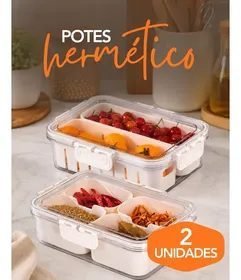 Kit 2 Potes Herméticos Organizador Geladeira Alça 4 Divisóri