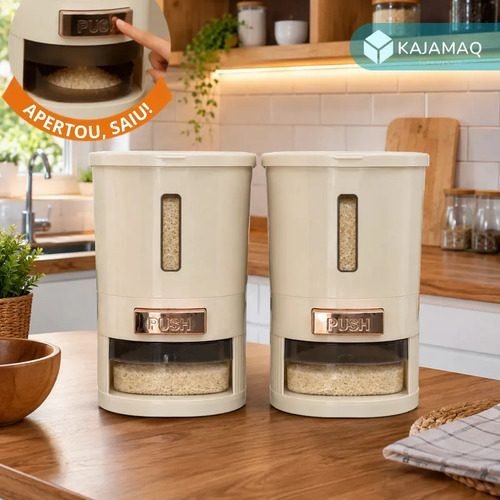 Kit Com Dispenser Dosador 5kg Bege Para Guardar Arroz Cereais Grãos Organizador Cozinha Pote Multiuso Com Copo Medidor Reservatório Alimentos Ração Compacto Prático Resistente Moderno Uso Doméstico