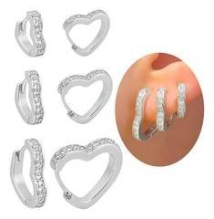 Kit Trio de 3 Pares de Brincos de Argola Coração Cravejados com Zircônias em Aço Inoxidável Folheado à Prata 925, Fecho Click, Femininos e Masculinos, Semijoias Antialérgicas para