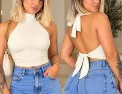 Cropped Blusa Frente Unica Gola Alta Com Costas Nuas Amarraç