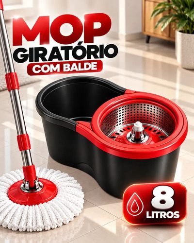 Mop Giratório 360º Esfregão Com Balde 8 Litros Cabo Inox Microfibra Limpeza Geral Multiuso Casa Cozinha Banheiro Chão