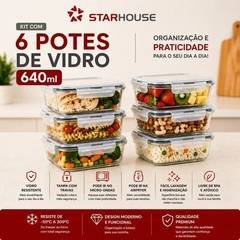 Kit 6 Potes 640ml Vidro Hermético 4 Travas Marmita Refratario Star House com 4 t