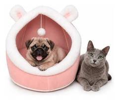 Casinha Cama Toca De Pelúcia Cabana Luxo Rosa Para Pet Gatos Rosa-pálido