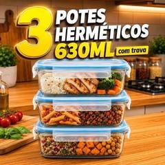 Conjunto 3 Potes 630ml Vidro Hermético C/ Trava Retangular Resistente Quente Frio Marmita Dieta Fitness Refratário