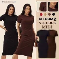 Kit 2 Vestido Midi Feminino Canelado Slim Casual Dia A Dia