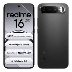 Smartphone Celular Realme 16 5g 256gb 12gb Ram Dual Sim Câmera De 50mp Lumacolor Image Espelho para Selfies Bateria 6550mah, Resistência à água Ip69 Pro, 4200nit Amoled Preto