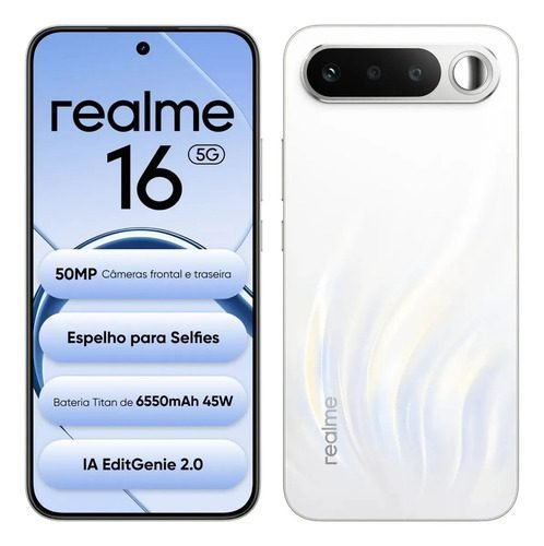Smartphone Celular Realme 16 5g 256gb 12gb Ram Dual Sim Câmera De 50mp Lumacolor Image Espelho para Selfies Bateria 6550mah, Resistência à água Ip69 Pro, 4200nit Amoled Branco
