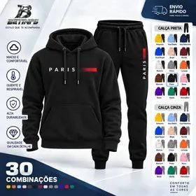 Conjunto Moletom Unissex Paris Canguru Com Capuz Calça
