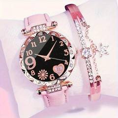 Conjunto De 2 Peças De Relógio De Quartzo Feminino E Pulseir Rosa