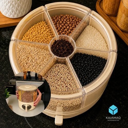 Dispenser Giratorio De Graos E Alimentos Com 6 Divisorias Cor Dourado 5kg Rotativo 360 Organizador Porta Mantimentos Para Cozinha Arroz Feijao Cereais Grao Seco Reservatorio Compartimentos
