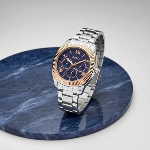 Relógio Euro Feminino Multiglow Bicolor - Eu6p29ajd/4a Correia Prata Bisel Rosê Fundo Azul
