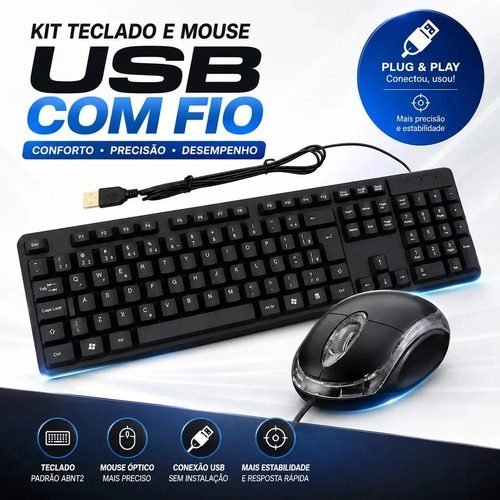 Teclado E Mouse Usb Com Fio Escritório Pc Notebok Silencioso Nexcube