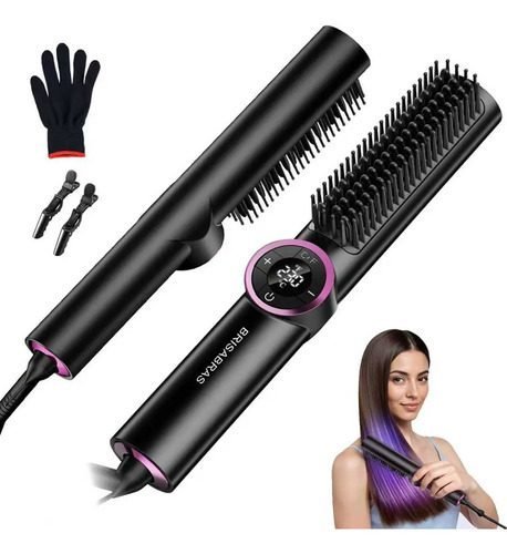 Escova Alisadora Chapinha Elétrica 2 Em 1 Portátil, Alisador Cabelo Profissional 127v/220v, Modelador Térmico A Bateria - Preto