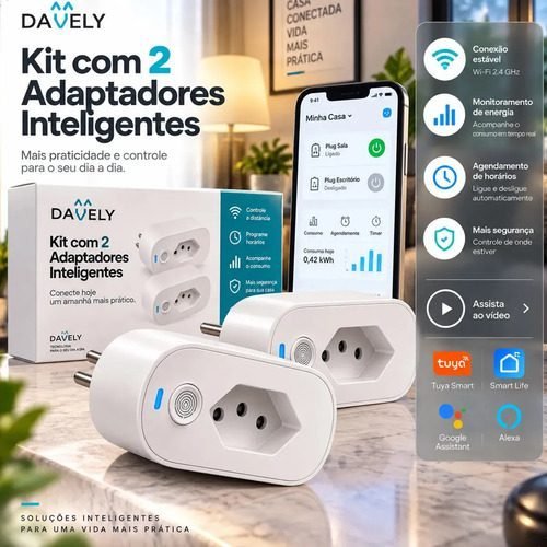 Kit 2 Tomadas Inteligente WiFi Adaptador 16A Bivolt Alexa Google Home Tuya Smart Life Monitor Consumo Energia Automação Residencial Smart Plug Controle Remoto App Voz