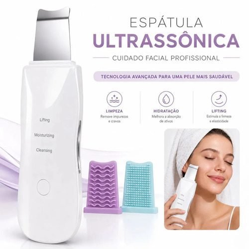 Peeling Facial Espátula Ultrassônica Limpeza Cravos Poros Ionização Lifting Aparelho USB Recarregável Portátil Skincare Removedor Impurezas Pele Aço Inox Beleza Estética Profissional Uso Doméstico Fac