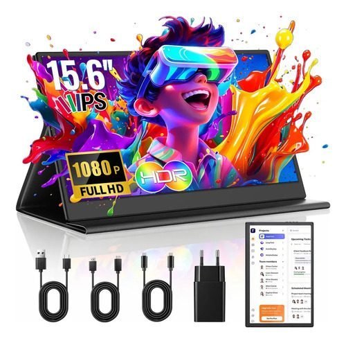 Monitor Portátil 15,6'' Full HD 1080P IPS MAIZHELUN, USB-C e HDMI, Monitor Gamer Ultrafino, Alto-Falantes Integrados, Capa Protetora, Segunda Tela para Laptop PC Mac Celular PS5/4
