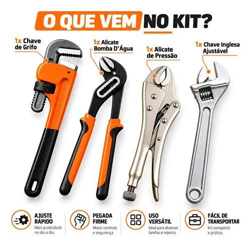 Kit 4 Chave Inglesa Alicate Bomba Grifo Alicate Pressão Jogo