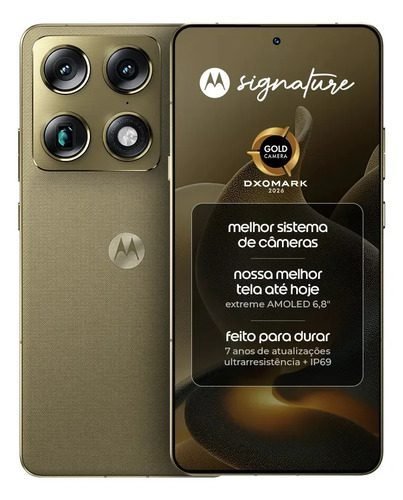 Smartphone Motorola Signature 5G - 512GB 12gb Ram + 12gb Ram Boost, 3 cameras 50MP Sony Lytia e Zoom 100x, Tela 1.5K extreme Amoled 165hz - Verde Oliva