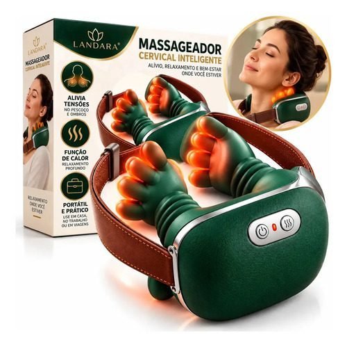 Massageador Cervical Elétrico 3D Pescoço Ombros Aquecimento Recarregavel Sem Fio Massagem Profunda Relaxante Calor Mãozinha Marca Landara