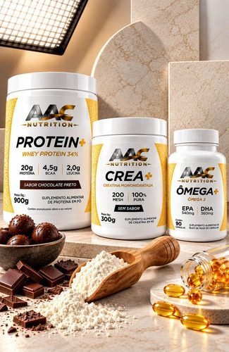 Kit Aac Nutrition: Whey 900g Creatina 300g Ômega 3 90cáps