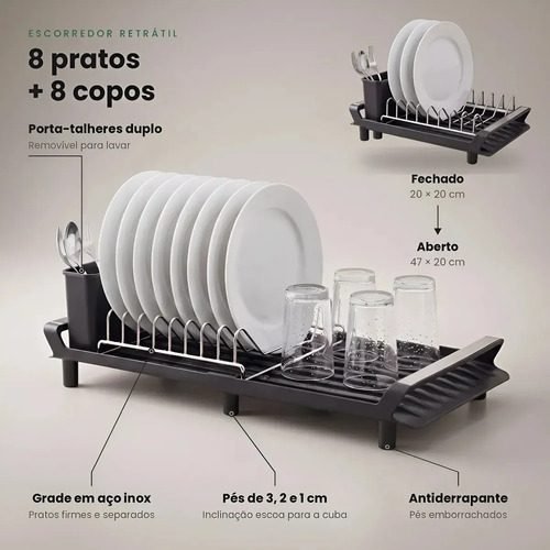 Escorredor De Louças E Pratos Expansível Retrátil Cabe Prato 30cm 8 Pratos Secador Aço Inox Porta Copos Talheres Bandeja Escoa Na Pia Antiderrapante Compacto Cozinha Pequena Preto