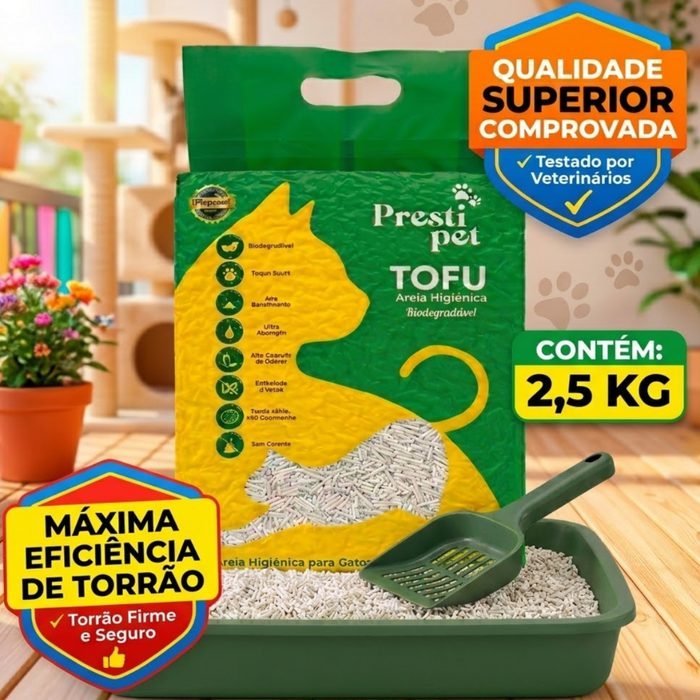 Areia Higiênica Biodegradável de Tofu para Gatos Presti Pet Kits de 2,5kg a 7,5kg Forma Torrão