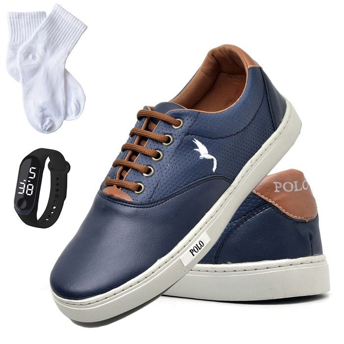 Tênis Menino Masculino Infantil Casual Azul com Relógio Digital e a Meia