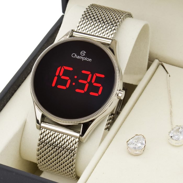 Relógio Digital Prata Champion Led Vermelho Pulseira Esteira Mesh CH40133T Original