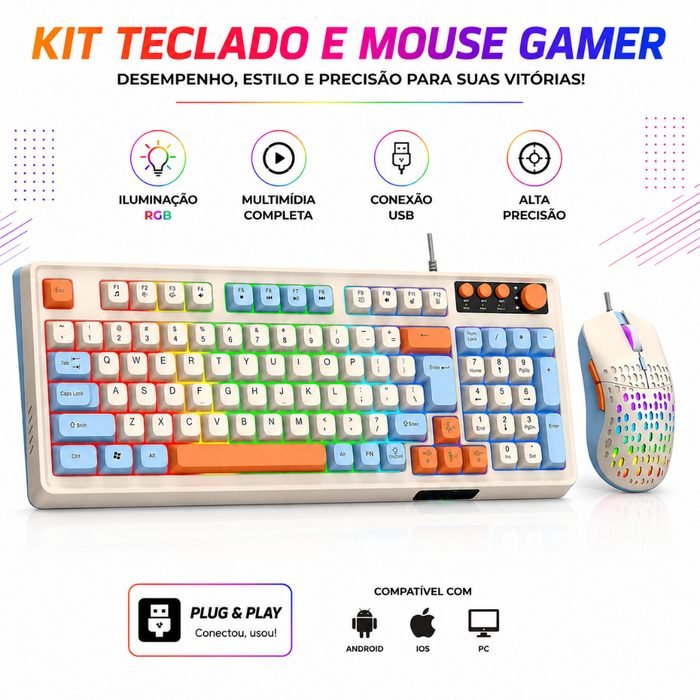 Kit Teclado e Mouse com Fio LED Gamer Lehmox Ergonômico USB ABNT2