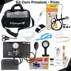 Kit Ouro Enfermagem Completo com 12 Itens com Bolsa, Esteto, Esfigmomanometro, Glicose, Relógio e Garrote de Trava