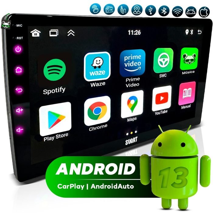 Central Multimídia 9 Polegadas Android 13 2Gb CarPlay Android Auto Sem Fio Wifi GPS S900 Svart