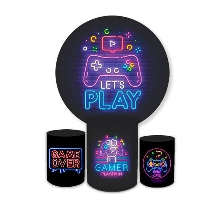 Kit Painel 1,5x1,5 + Trio Capas Cilindros P M G Festa Sublimado Gamer Decoração Elegante Veste Fácil